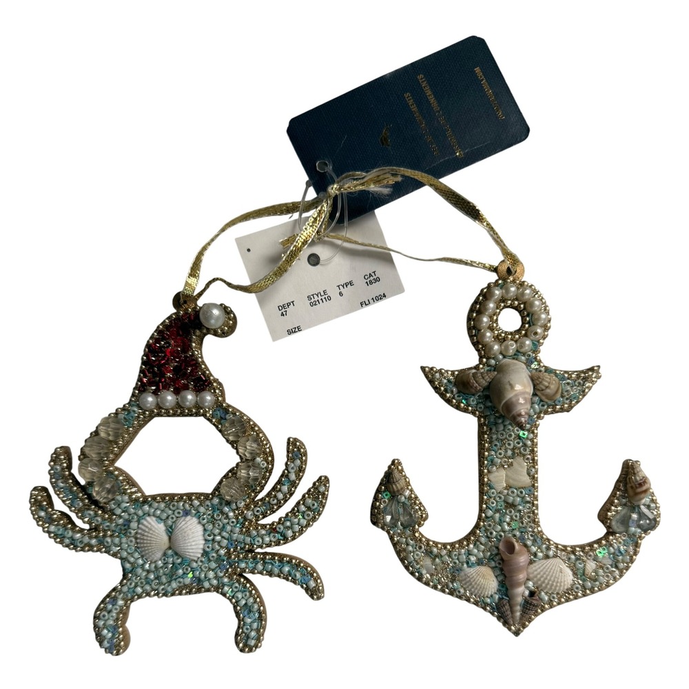 Tommy Bahama Coastal Christmas Ornament Set Beaded Crab & Anchor 2pc NWT